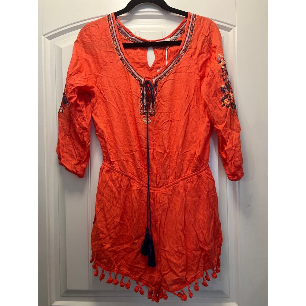 NWT Blu Pepper‎ Women’s 3/4 Sleeve Tassel Cotton Summer Romper Size M Orange